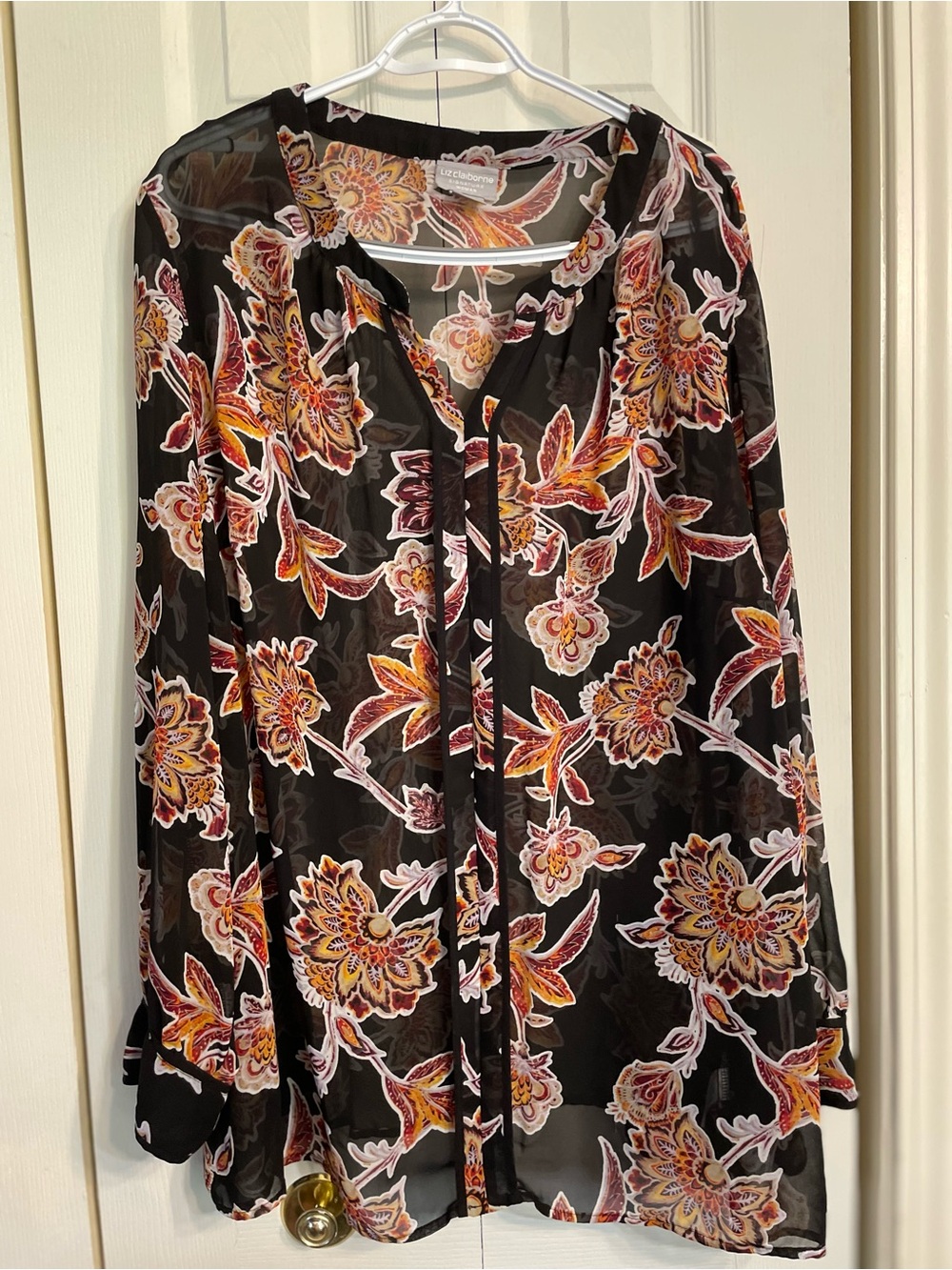 Liz Claiborne Black Sheer Floral Tie-Neck Blouse